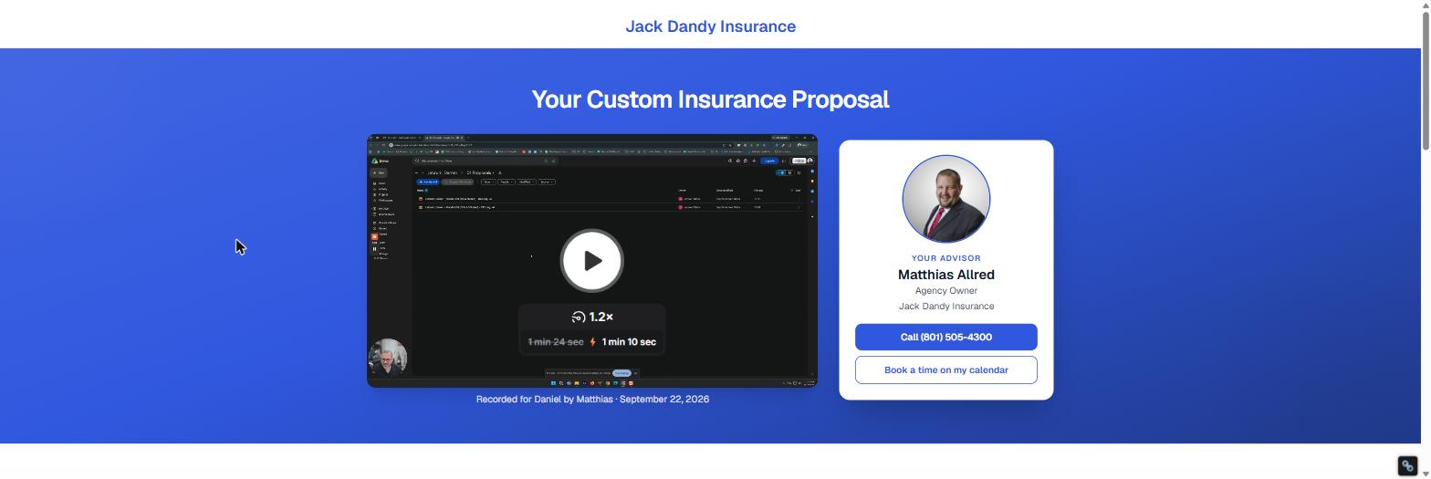 A SmartProposal page: video, agent card, and the proposal documents, sent by Jack Dandy Insurance